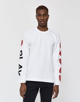 L/S Play Red Heart Logo Tee in White