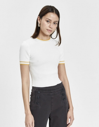 Evie Ribbed Knit Top in White/Yellow