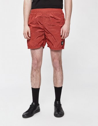 Nylon Metal Badge Swim Short in Coral